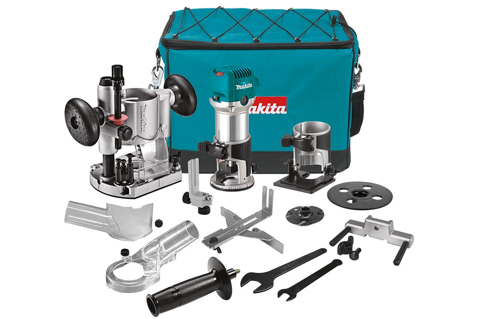 Сетевой кромочный фрезер Makita RT0702CX2 • 710 Вт • 10000-30000 об/мин • патрон 6-8 мм • направляющие • погружная и наклонная базы • сумка